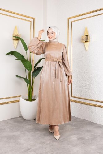 Kolu Lastikli Kuşaklı Elbise-4833 Vizon - Modaebva