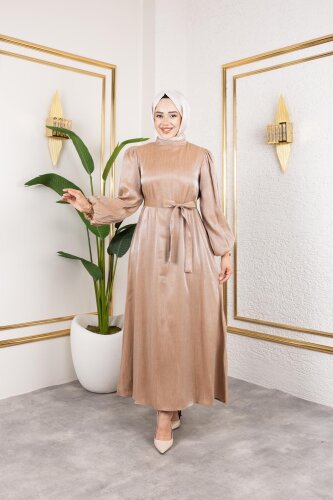 Kolu Lastikli Kuşaklı Elbise-4833 Vizon - 4