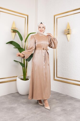 Kolu Lastikli Kuşaklı Elbise-4833 Vizon - 5