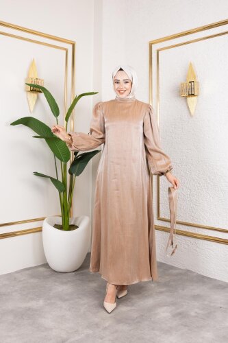 Kolu Lastikli Kuşaklı Elbise-4833 Vizon - Modaebva (1)