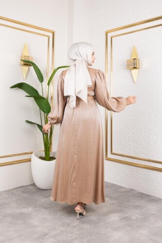 Kolu Lastikli Kuşaklı Elbise-4833 Vizon - 6