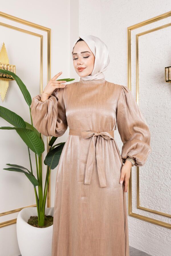 Kolu Lastikli Kuşaklı Elbise-4833 Vizon - 3