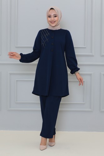 Kolu Lastikli Taş Detaylı İkili Takım-3144 Lacivert - 3