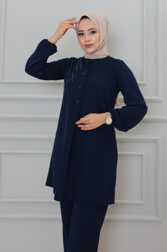 Modaebva - Kolu Lastikli Taş Detaylı İkili Takım-3144 Lacivert (1)