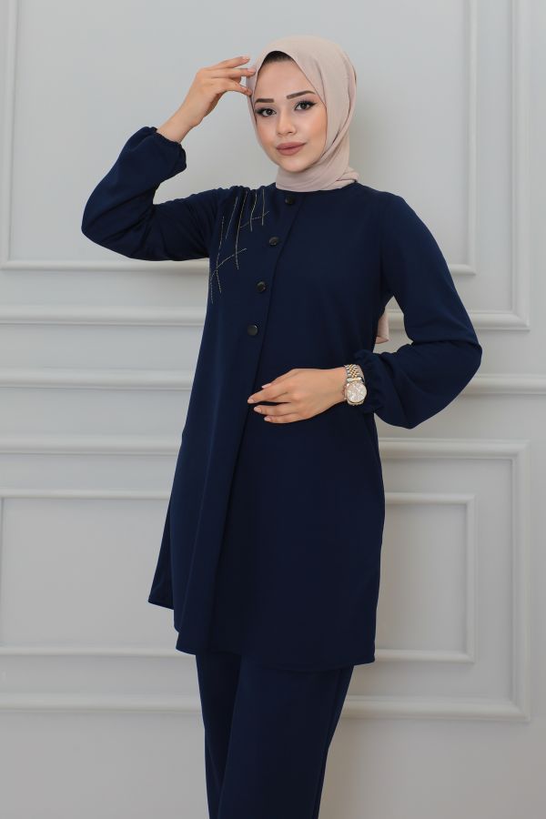 Kolu Lastikli Taş Detaylı İkili Takım-3144 Lacivert - 2