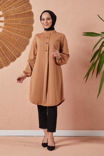 Modaebva - Kolu Lastikli Tesettür Tunik-3081 Taba