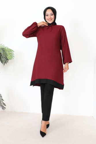 Modaebva - Kolu Lastikli Tesettür Tunik-3160 Bordo