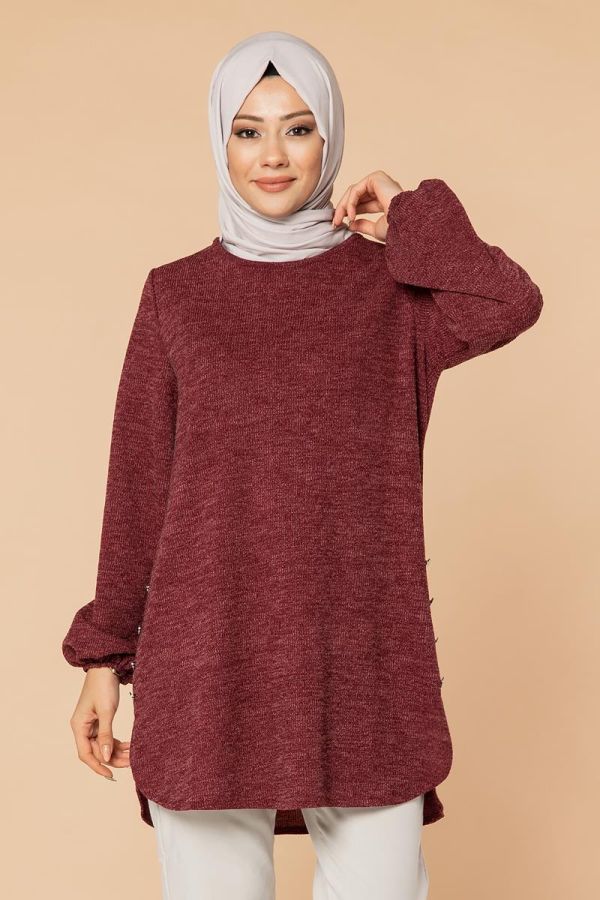 Kolu Lastikli Yandan Düğmeli Tunik-3062 Bordo