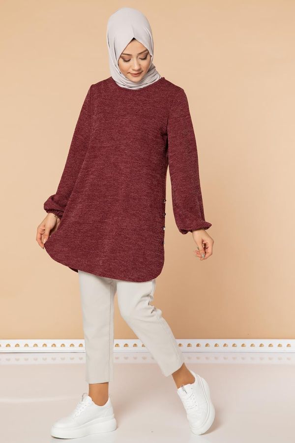 Kolu Lastikli Yandan Düğmeli Tunik-3062 Bordo