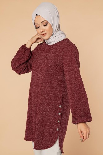 Modaebva - Kolu Lastikli Yandan Düğmeli Tunik-3062 Bordo (1)