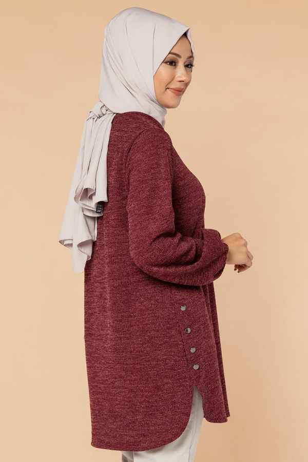 Kolu Lastikli Yandan Düğmeli Tunik-3062 Bordo