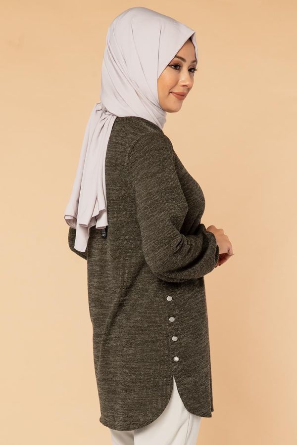 Kolu Lastikli Yandan Düğmeli Tunik-3062 Hakiyeşili