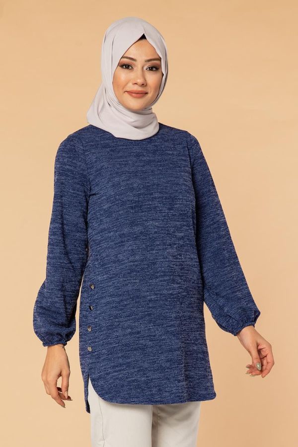 Kolu Lastikli Yandan Düğmeli Tunik-3062 Mavi