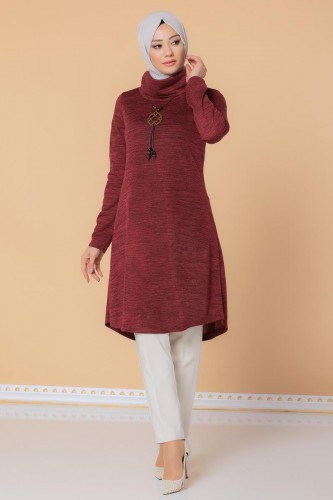 Modaebva - Kolyeli Boğazlı Tunik-3023 Bordo