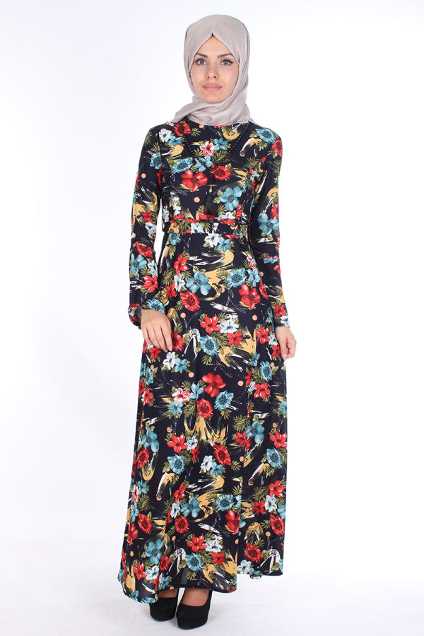 Kolyeli Çiçek Desen Elbise-Siyahbordol 2067