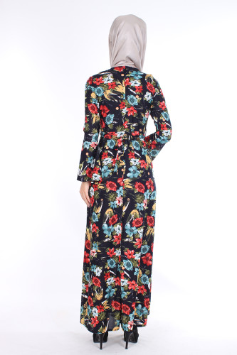Kolyeli Çiçek Desen Elbise-Siyahbordol 2067 - Thumbnail