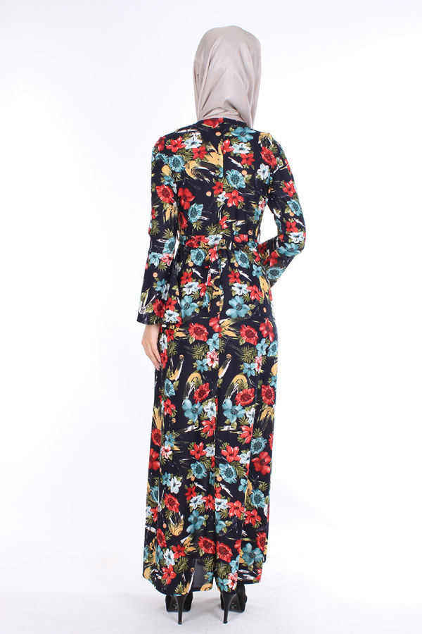 Kolyeli Çiçek Desen Elbise-Siyahbordol 2067