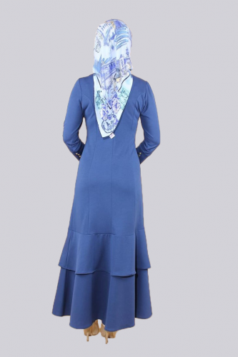 Kolyeli Fırfırlı Elbise-indigo0640 - Thumbnail