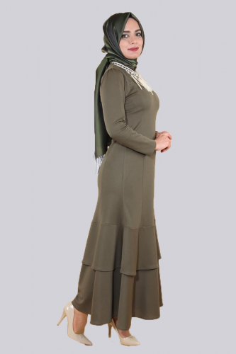 Kolyeli Fırfırlı Elbise-Yeşil0640 - Thumbnail