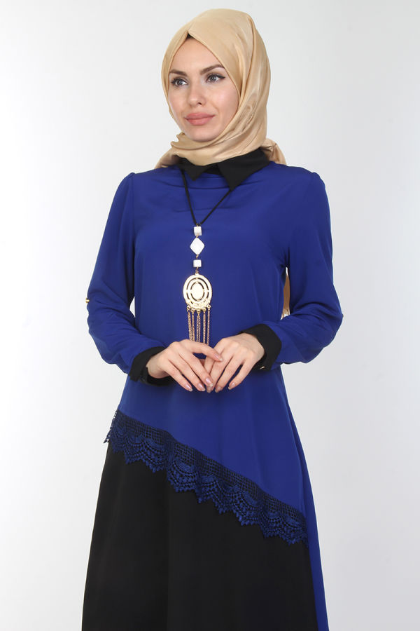 Kolyeli Güpür Detay Tunik-0536Saks