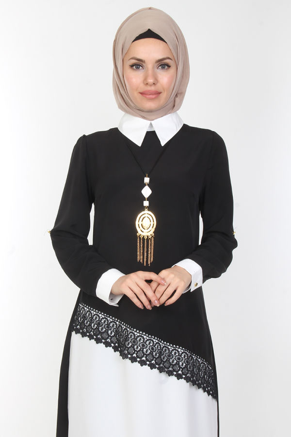 Kolyeli Güpür Detay Tunik-0536Siyah