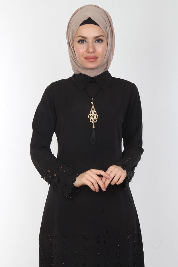 Kolyeli İncili Tunik-0533Siyah
