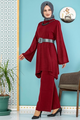 Modaebva - Kolyeli Kemerli İkili Triko Kombin-800 Bordo
