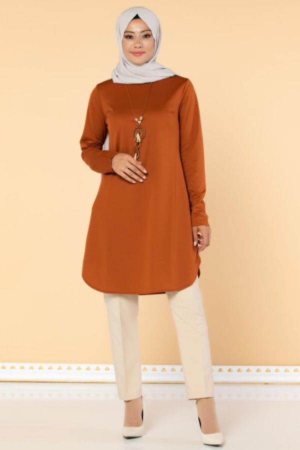 Kolyeli Tesettür Tunik-3046 Kiremit - 3