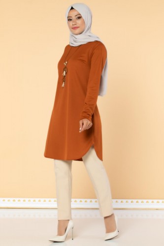 Kolyeli Tesettür Tunik-3046 Kiremit - 4