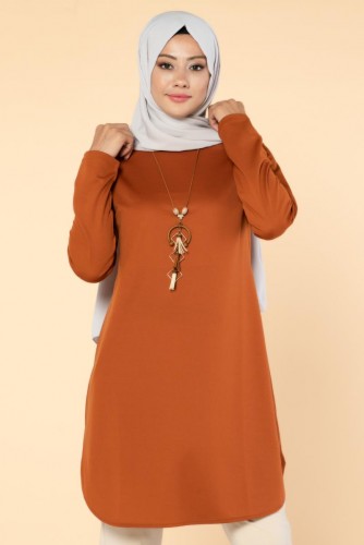 Kolyeli Tesettür Tunik-3046 Kiremit - 2