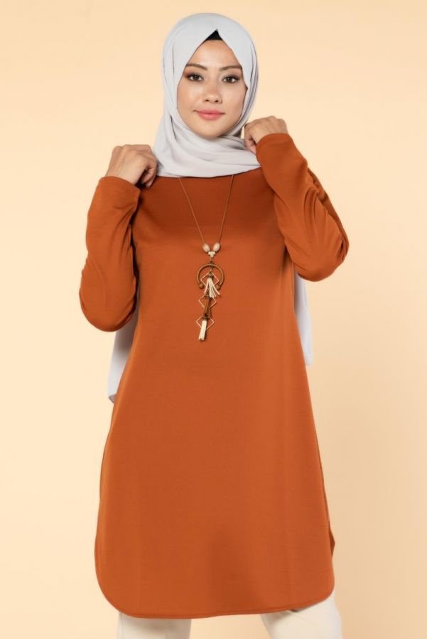 Kolyeli Tesettür Tunik-3046 Kiremit - 2