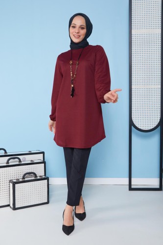 Kolyeli Tunik-3103 Bordo - Thumbnail