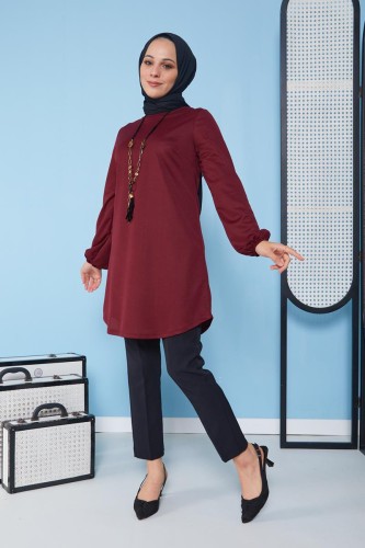 Modaebva - Kolyeli Tunik-3103 Bordo