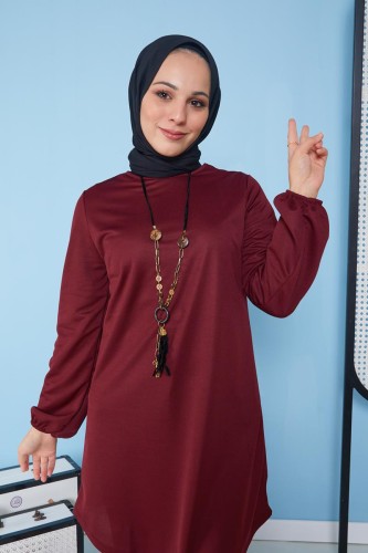 Kolyeli Tunik-3103 Bordo - Thumbnail