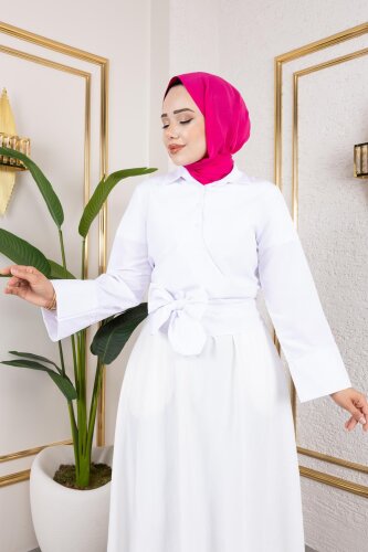 Kuşak Bağlamalı Gömlek-3040 Beyaz - Modaebva