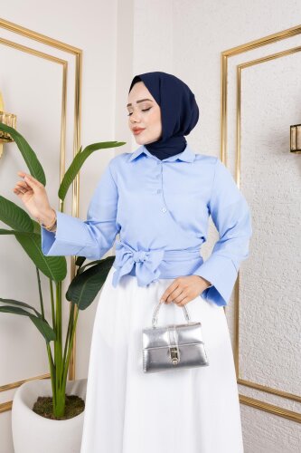 Kuşak Bağlamalı Gömlek-3040 Mavi - 3