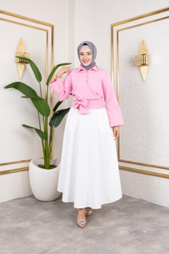 Kuşak Bağlamalı Gömlek-3040 Pembe - 3