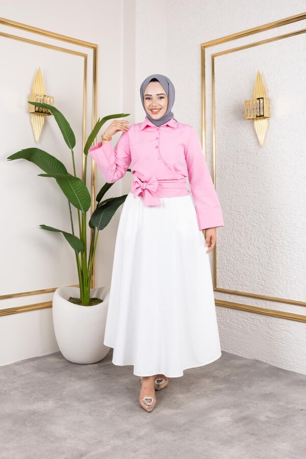 Kuşak Bağlamalı Gömlek-3040 Pembe - 3