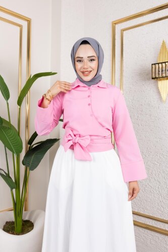 Kuşak Bağlamalı Gömlek-3040 Pembe - Modaebva