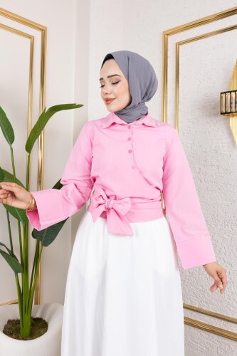 Kuşak Bağlamalı Gömlek-3040 Pembe - 5