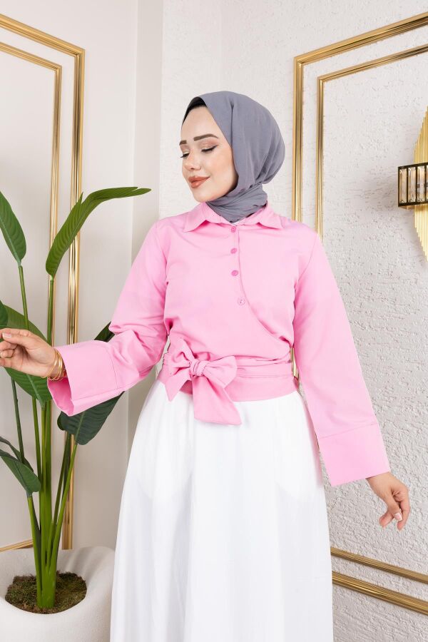 Kuşak Bağlamalı Gömlek-3040 Pembe - 5