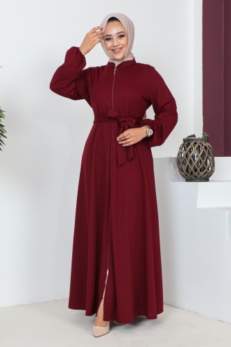 Modaebva - Kuşaklı Cepli Kloş Ferace-3148 Bordo