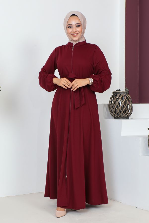 Kuşaklı Cepli Kloş Ferace-3148 Bordo