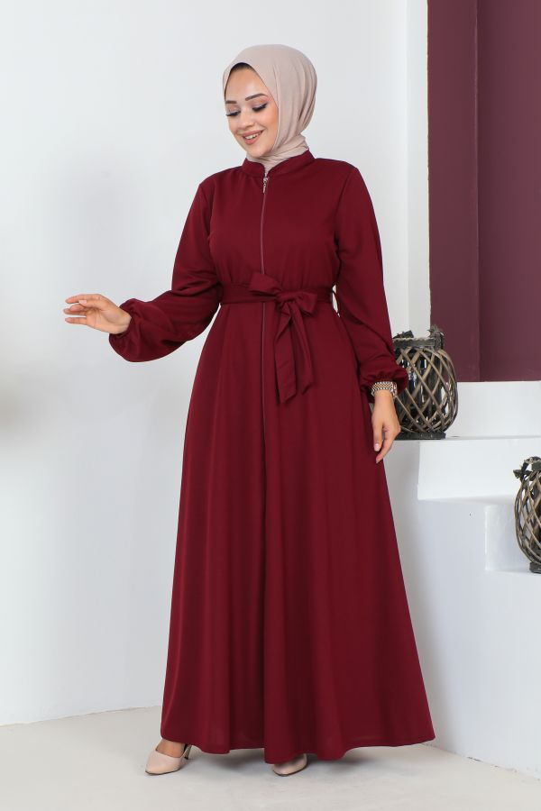 Kuşaklı Cepli Kloş Ferace-3148 Bordo