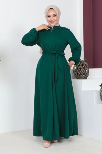 Modaebva - Kuşaklı Cepli Kloş Ferace-3148 Zümrütyeşili