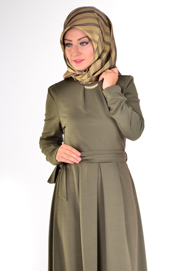 Kuşaklı Elbise Haki-4041