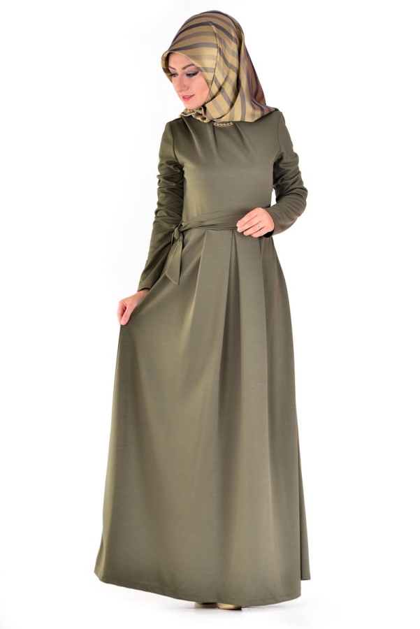 Kuşaklı Elbise Haki-4041