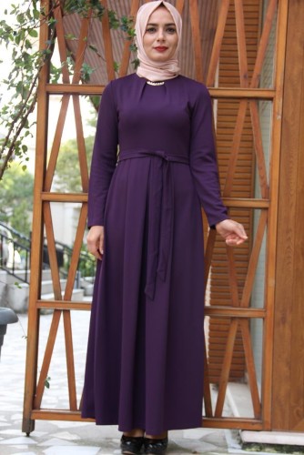 Kuşaklı Elbise Mor-4041 - Thumbnail