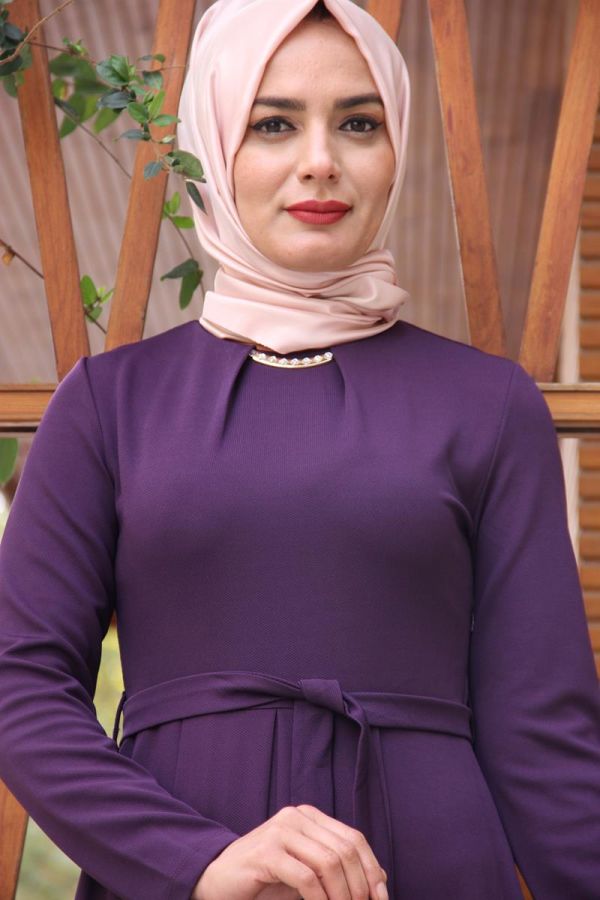 Kuşaklı Elbise Mor-4041