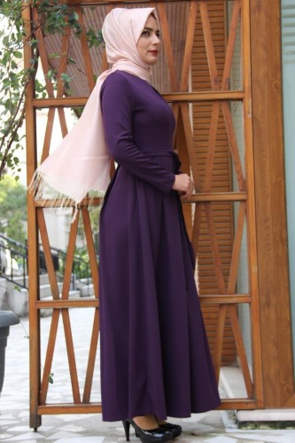 Kuşaklı Elbise Mor-4041 - Thumbnail